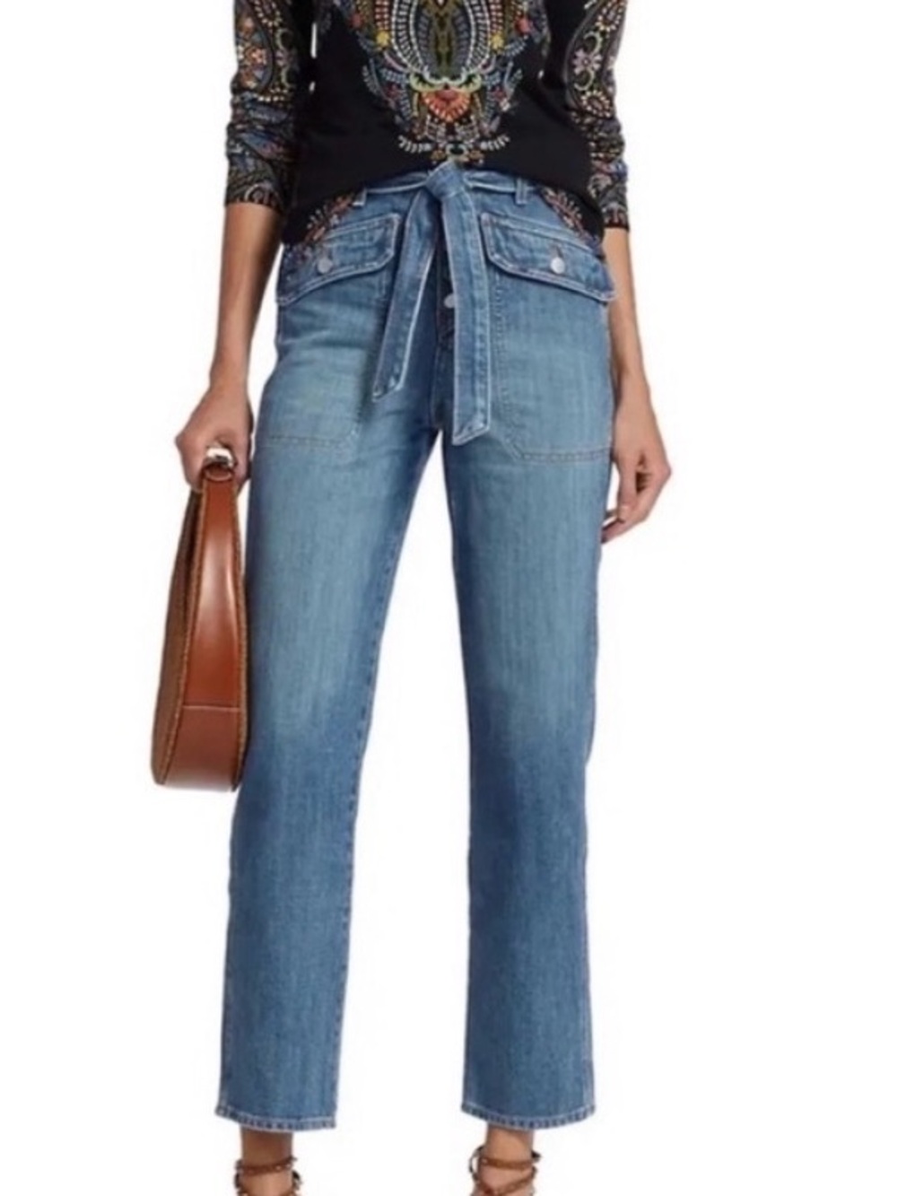 Veronica Beard Straight-Leg Cropped Button Fly Tie Waist Rinley Jeans Sz 27